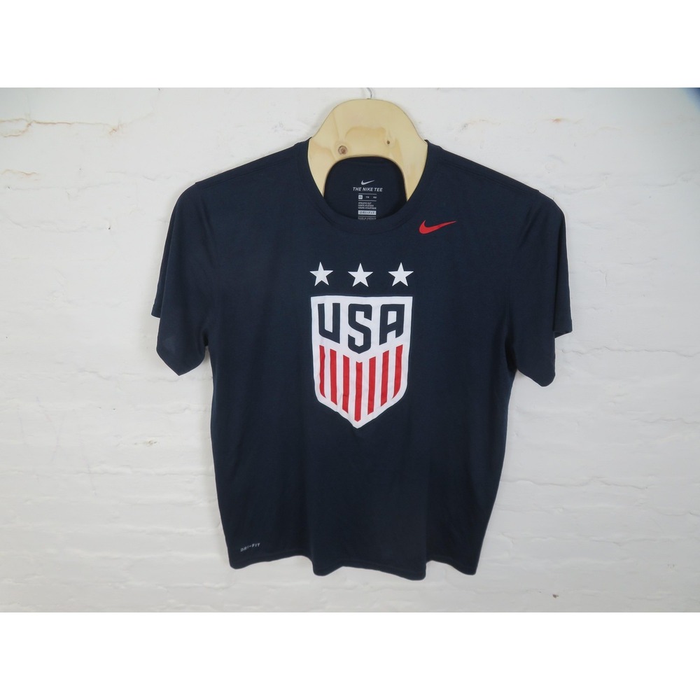 USA Soccer Shirt Mens 2XL Blue Nike Dri Fit Tee Top USMNT Crest Graphic Stretch